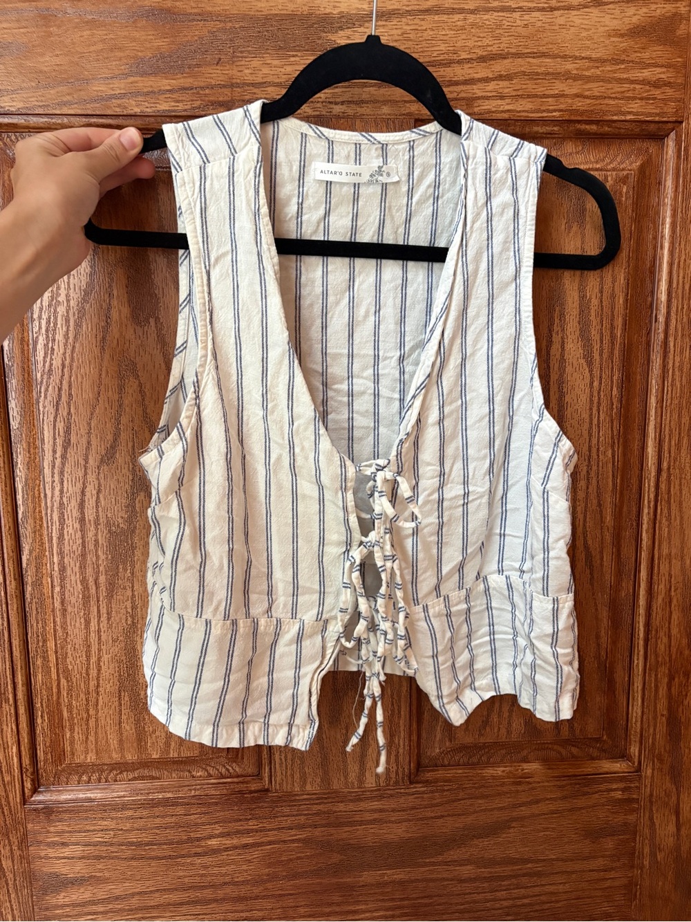 Altar'd State White & Navy Striped Lace-Up Cotton Crop Vest
